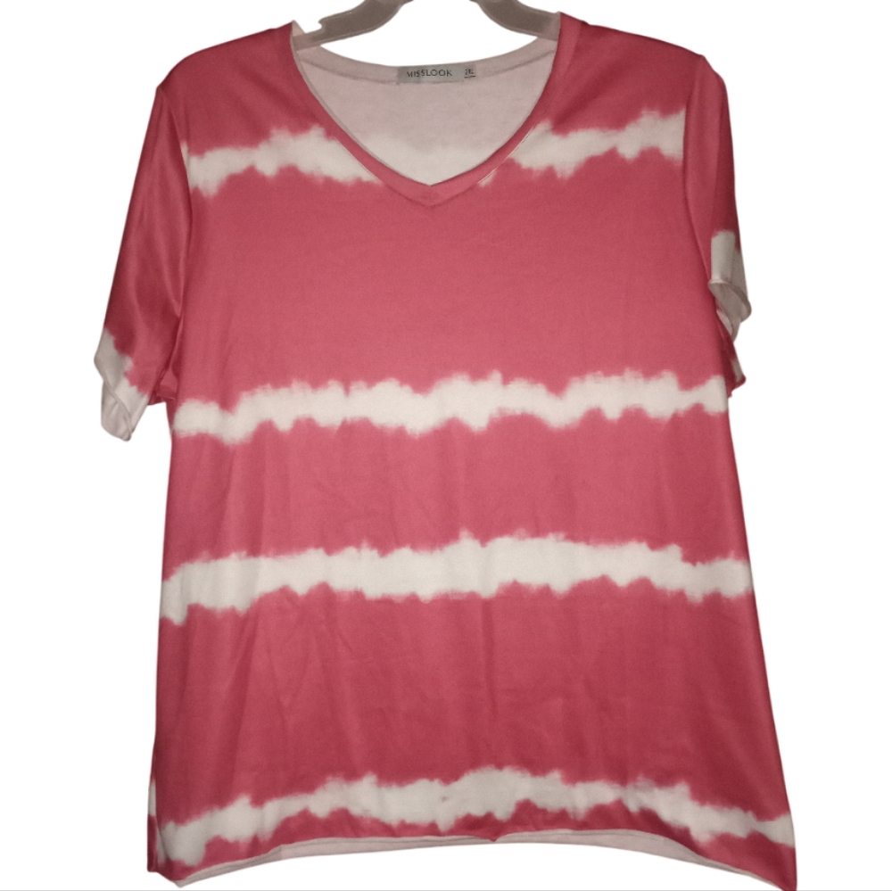 Misslook Womens Top Blouse V Neck Short Sleeve Size 2XL Pink and White